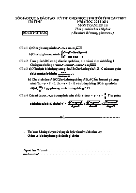 Đề thi chọn học sinh giỏi tỉnh Hà Tĩnh cấp THPT năm học 2011-2012 môn Toán lớp 10